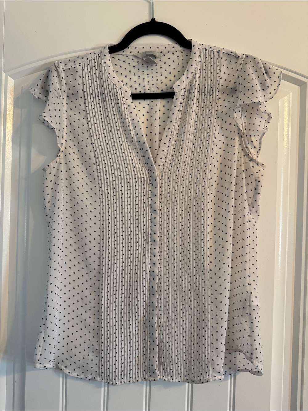 H&M White Blouse with Black Polka Dots and Pintuck Front